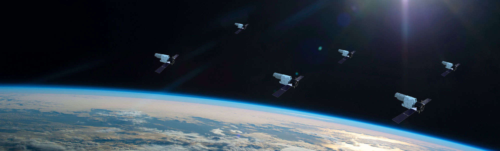 Earth skyline with an array of small telescopes in orbit